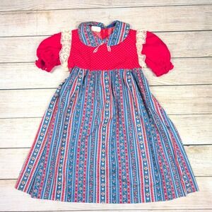 VTG 70s  Girls Prairie Dress Floral Striped Red  Peter Pan Collar Cottagecore 10
